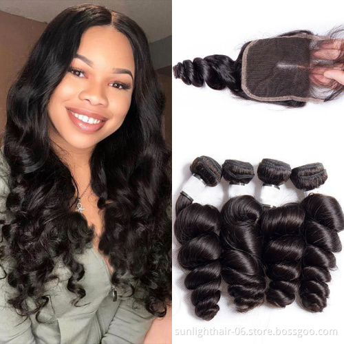 Sunlight Guangzhou cheap wholesale deep wave Peruvian/indian/brazilian Remy Hair Loose Wave 3 Bundles With Closure frontal